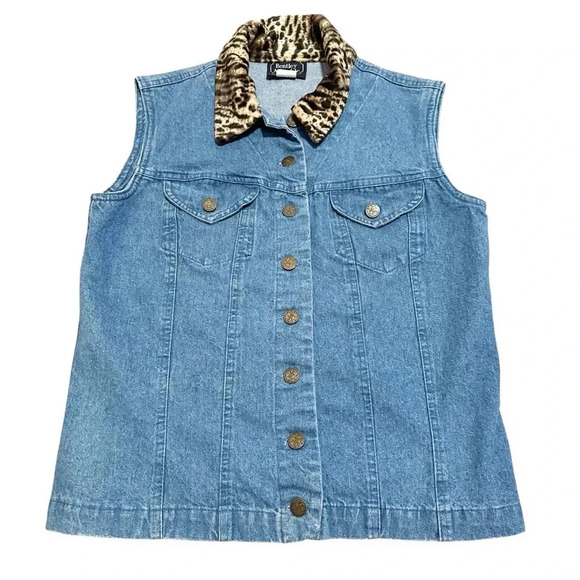 Jackets & Blazers - Vintage 90’s Blue denim vest with leopard print collar size 8